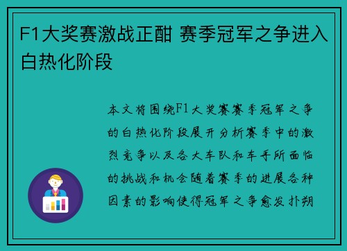 F1大奖赛激战正酣 赛季冠军之争进入白热化阶段
